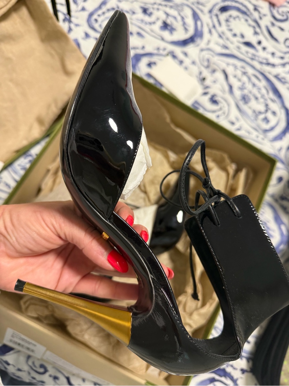 Gucci Black Patent Pointed Lace-Up Ankle Stilettos - Picture 7 of 11